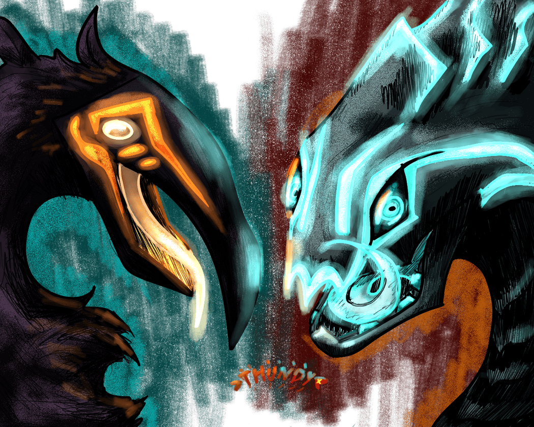 Fully shaded, simple/no bg, Heavy, edgyfied border and shading, 2 oc's