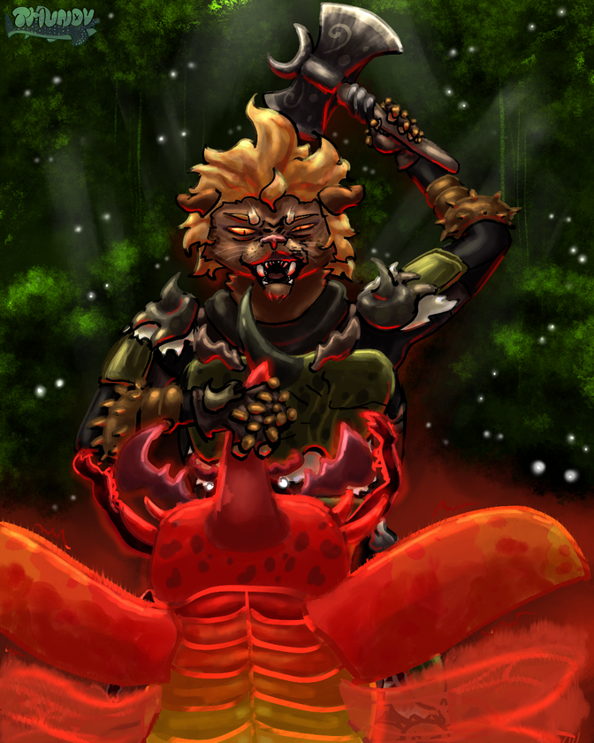 Fully shaded, middle complexity bg, additional creature, 2nd light source