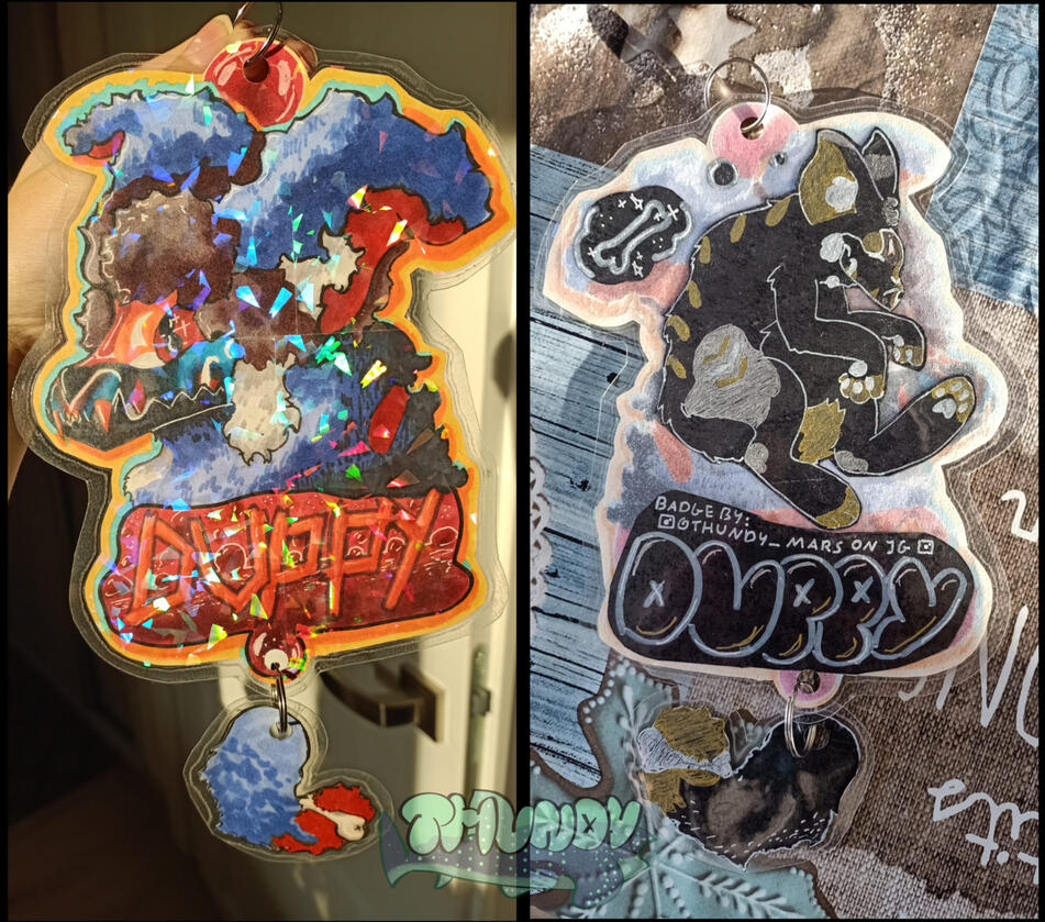 traditional 2-sides badge with free detachable trinket, laminated and holo foiled